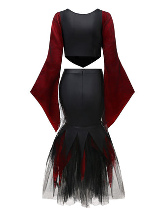 2PCS Haut en maille guépard rouge et jupe sirène des années 1930