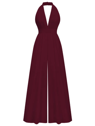 Combinaison pantalon unie col en V profond et jambes ultra-larges années 1970
