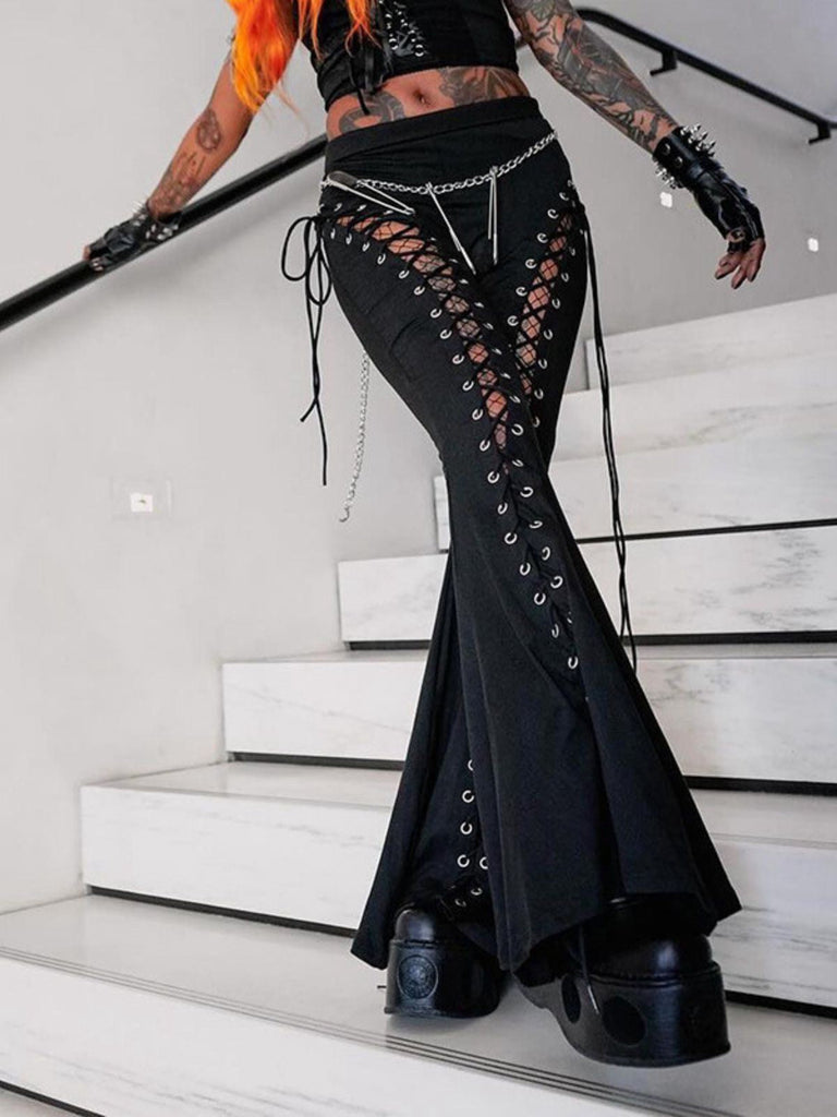 Pantalon bootcut noir à lacets et cordon de serrage style punk des années 1980