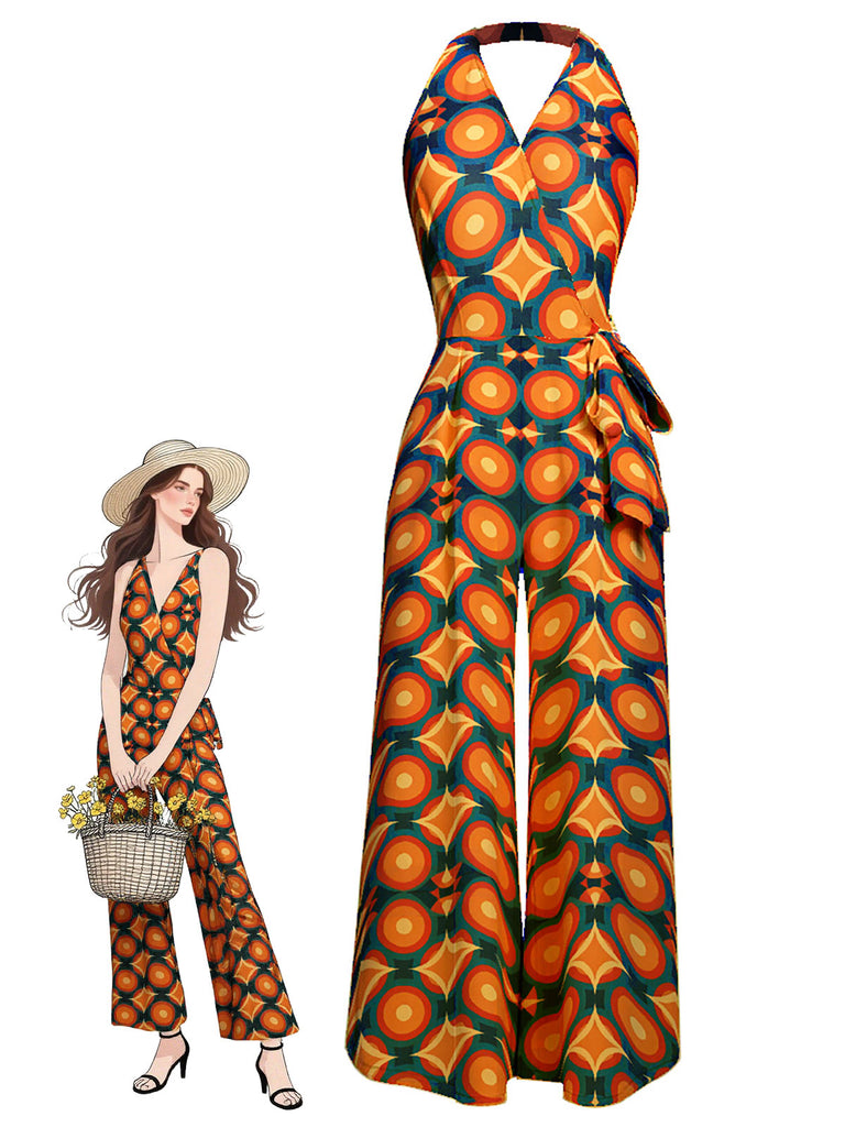 [Prévente] Combinaison orange licou à imprimé géométrique années 1970