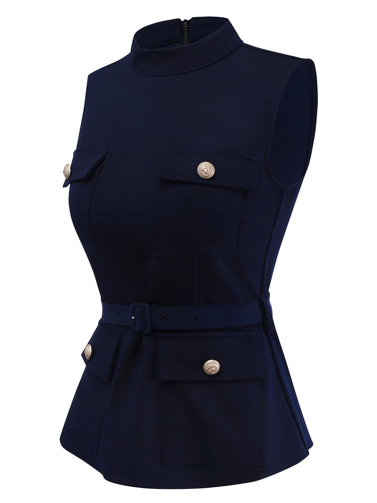 [Prévente] 2PCS hauts multi-poches et jupe plissée bleus et blancs des années 1950