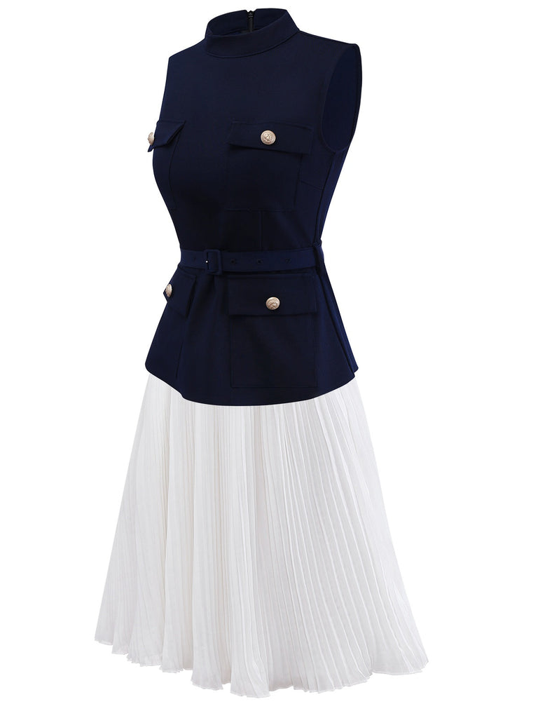 [Prévente] 2PCS hauts multi-poches et jupe plissée bleus et blancs des années 1950