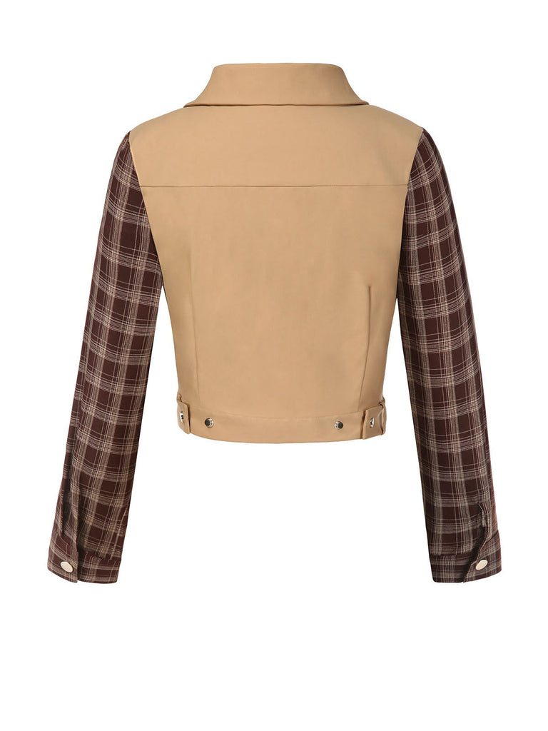 [Pré-vente] 2PCS Veste patchwork à carreaux et jupe plissée kaki et marron années 1960