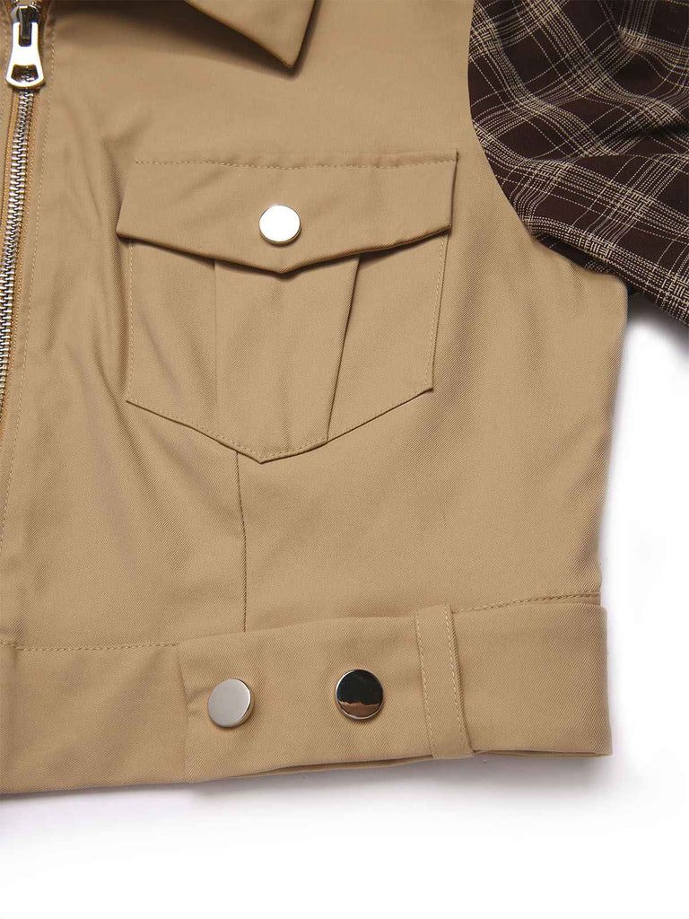 [Pré-vente] 2PCS Veste patchwork à carreaux et jupe plissée kaki et marron années 1960