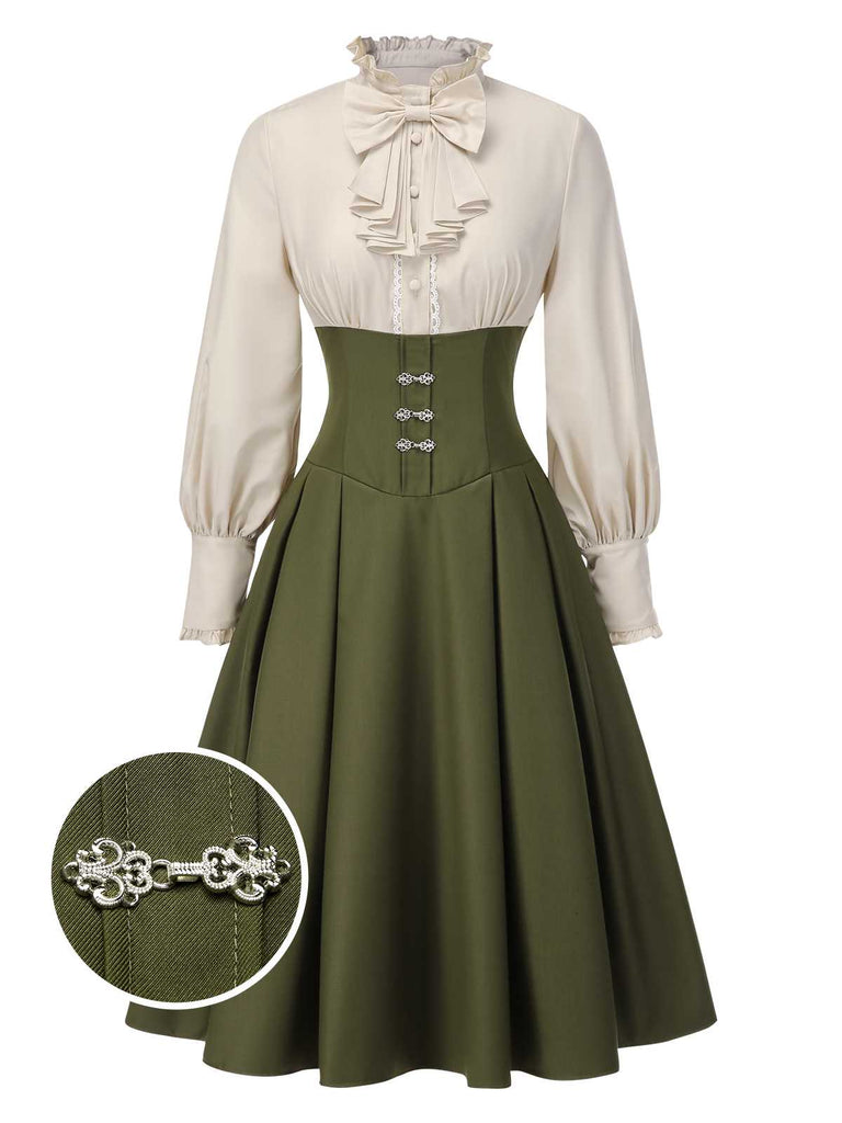[Pré-vente] Robe à volants bloc de couleur col jabot et nœud victorien des années 1950