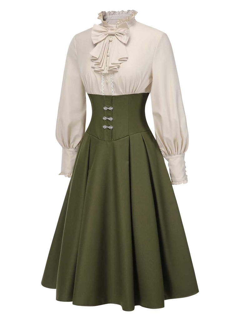 [Pré-vente] Robe à volants bloc de couleur col jabot et nœud victorien des années 1950