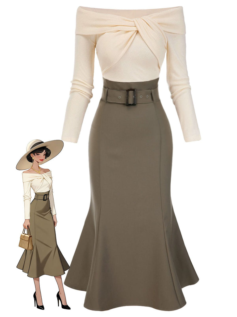[Pré-vente] Robe sirène torsadée épaules dénudées kaki avec ceinture des années 1930
