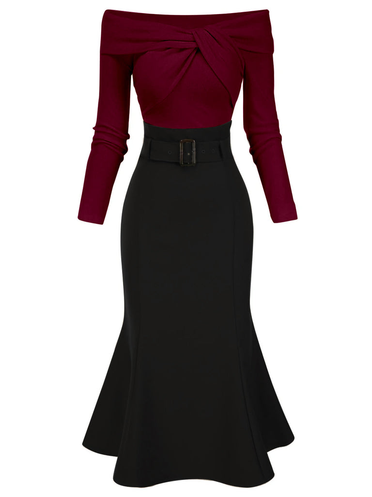 [Prévente] Robe sirène torsadée épaules dénudées noir avec ceinture des années 1930