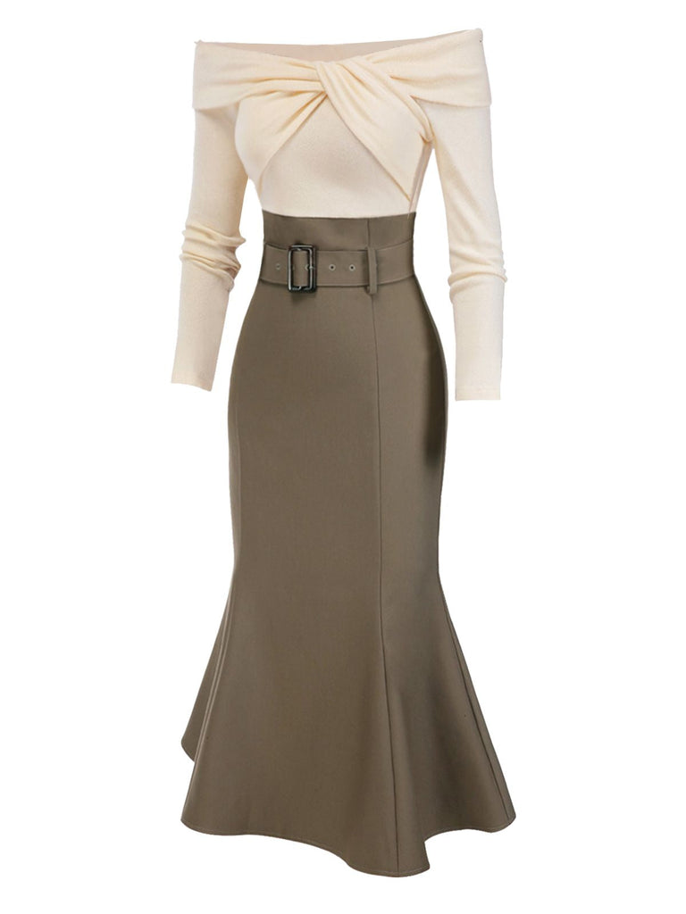 [Prévente] Robe sirène torsadée épaules dénudées noir avec ceinture des années 1930