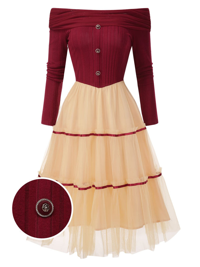 [Pré-vente] Robe trapèze en tulle tricoté et épaules dénudées rouge années 1950