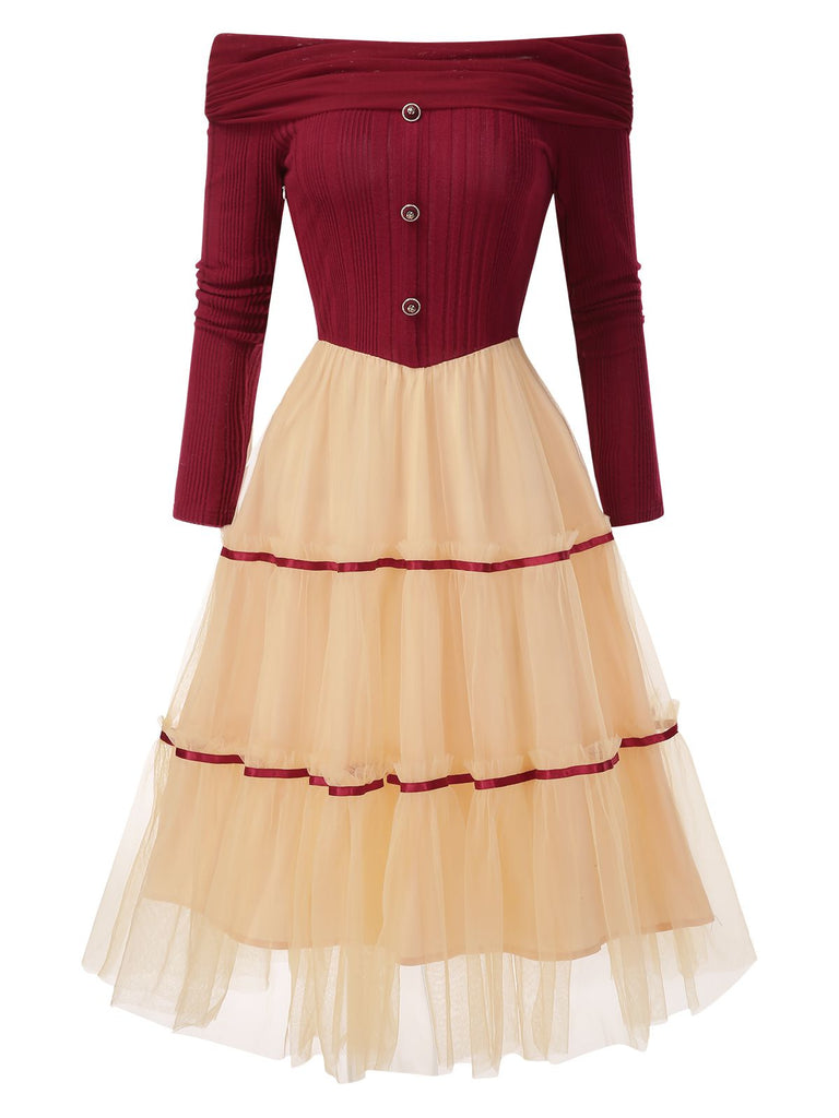 [Pré-vente] Robe trapèze en tulle tricoté et épaules dénudées rouge années 1950