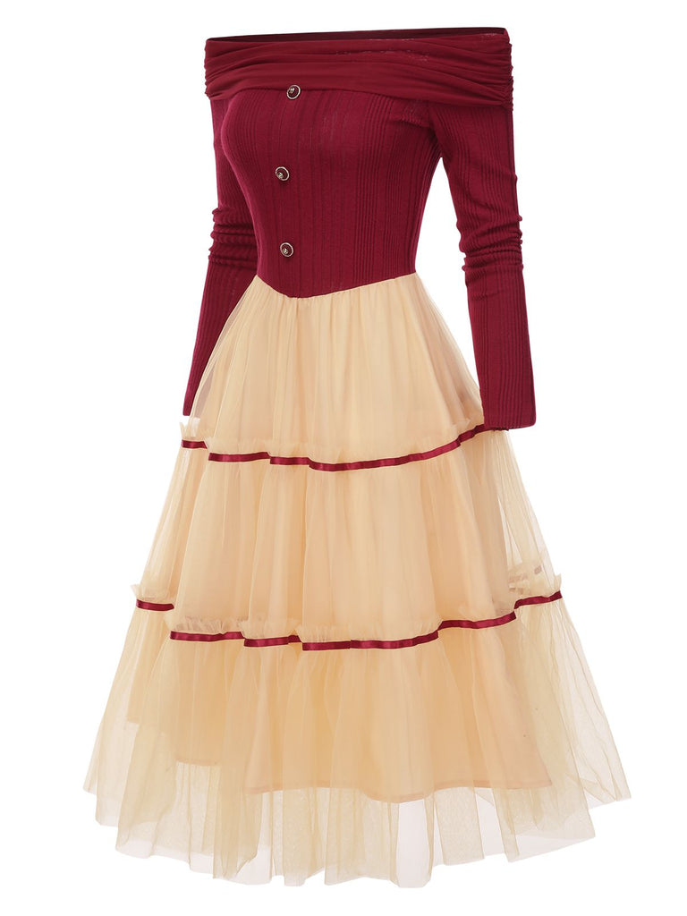 [Pré-vente] Robe trapèze en tulle tricoté et épaules dénudées rouge années 1950