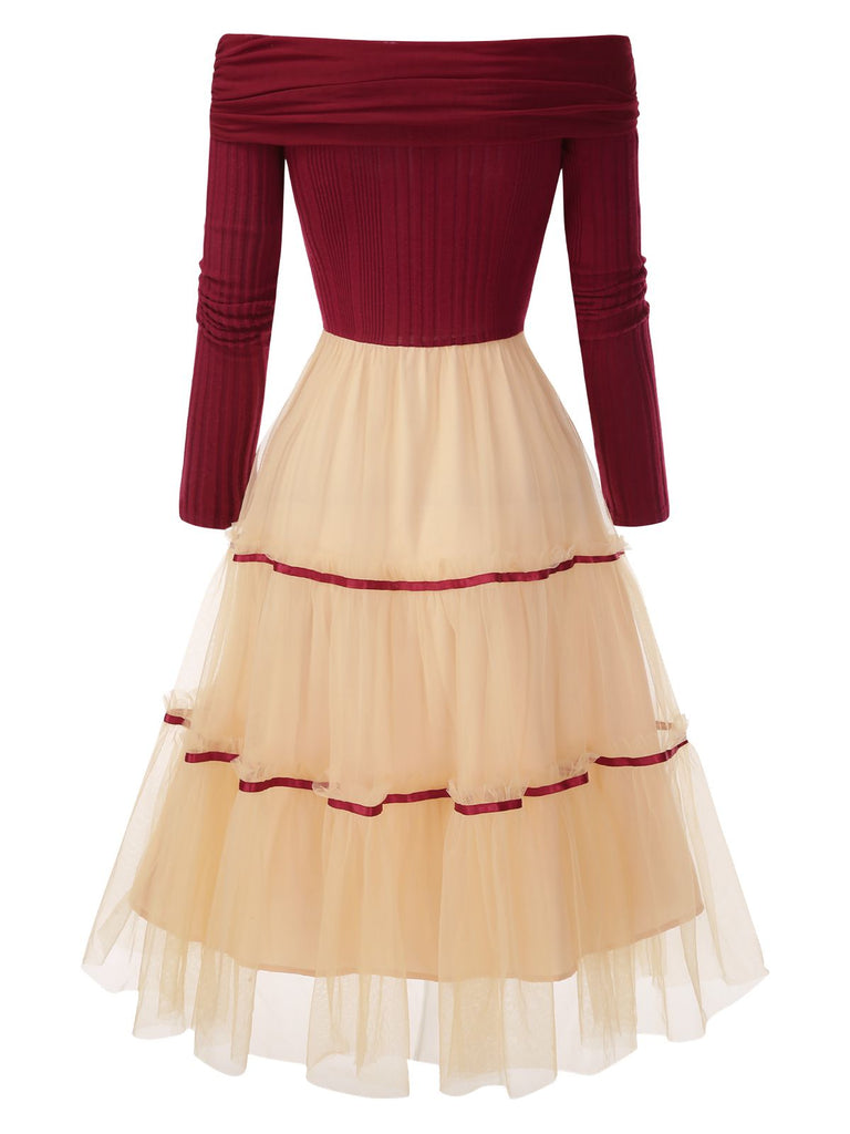 [Pré-vente] Robe trapèze en tulle tricoté et épaules dénudées rouge années 1950