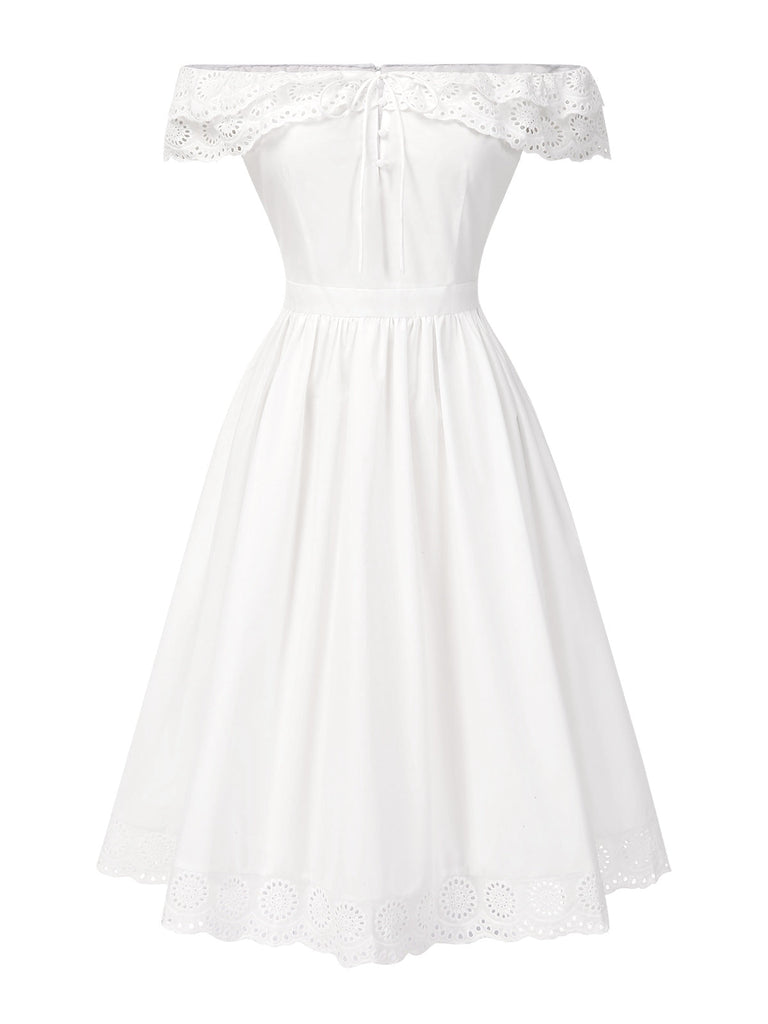 [Pré-vente] Robe blanche à fleurs découpées et épaules dénudées des années 1950