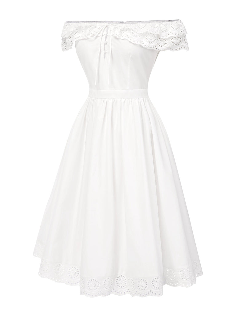 [Pré-vente] Robe blanche à fleurs découpées et épaules dénudées des années 1950
