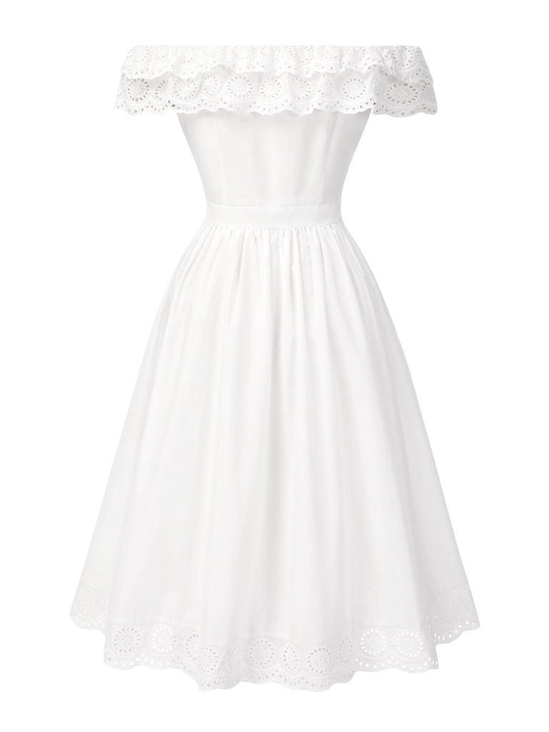 [Pré-vente] Robe blanche à fleurs découpées et épaules dénudées des années 1950