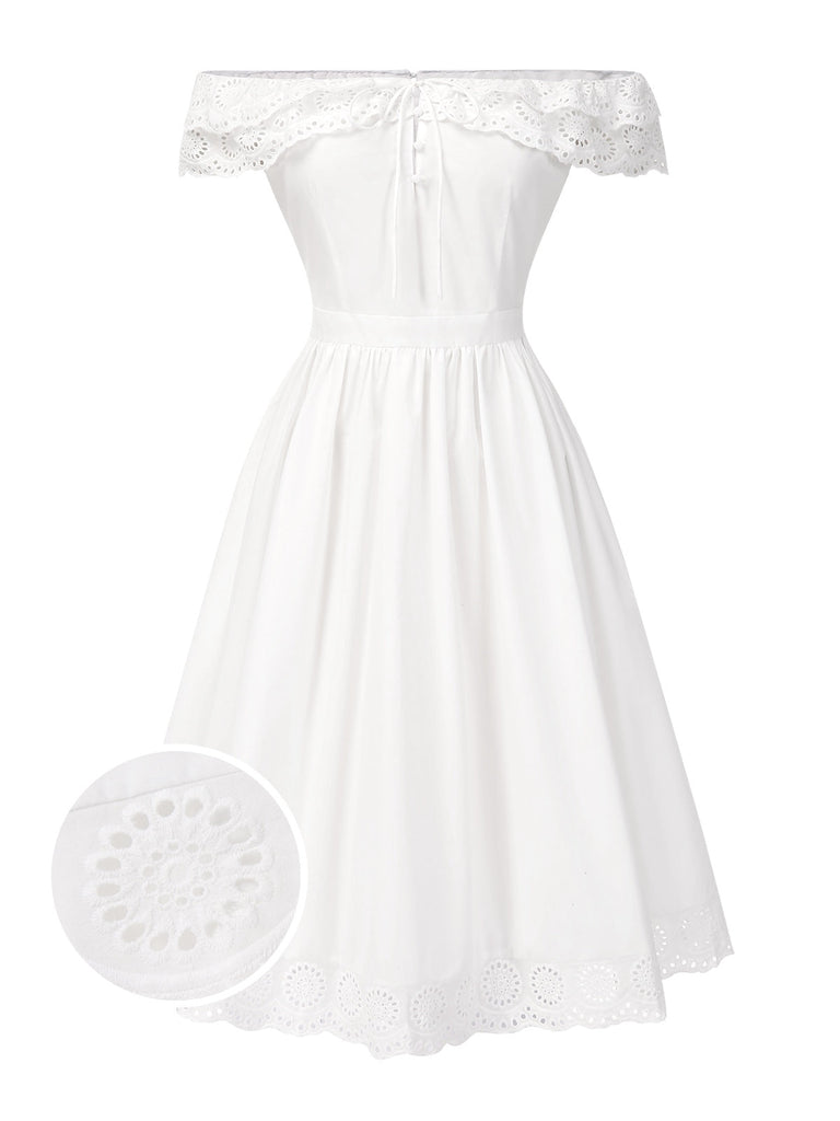 [Pré-vente] Robe blanche à fleurs découpées et épaules dénudées des années 1950