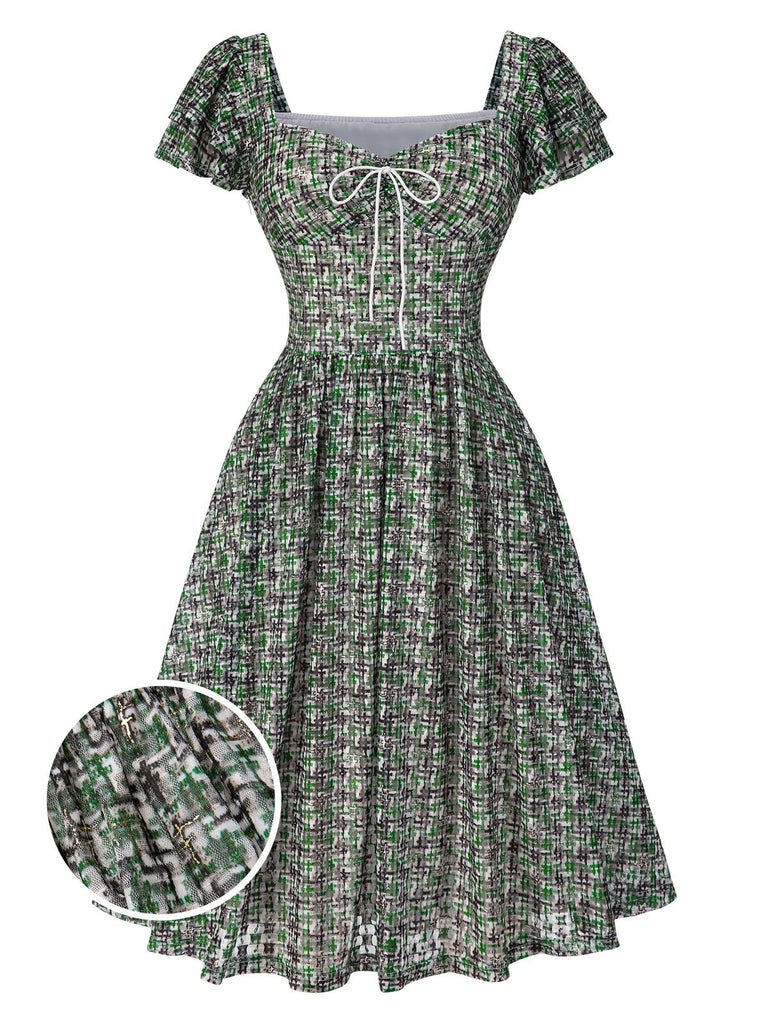 [Pré-vente] Robe verte à carreaux avec nœud et manches double volants des années 1950