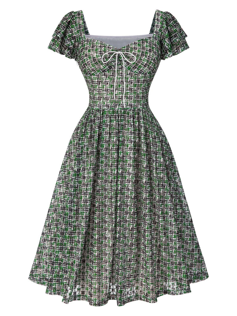 [Pré-vente] Robe verte à carreaux avec nœud et manches double volants des années 1950