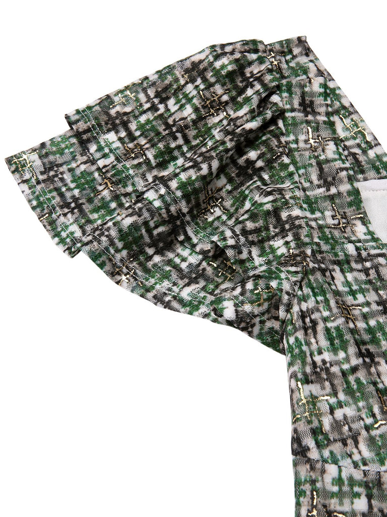 [Pré-vente] Robe verte à carreaux avec nœud et manches double volants des années 1950