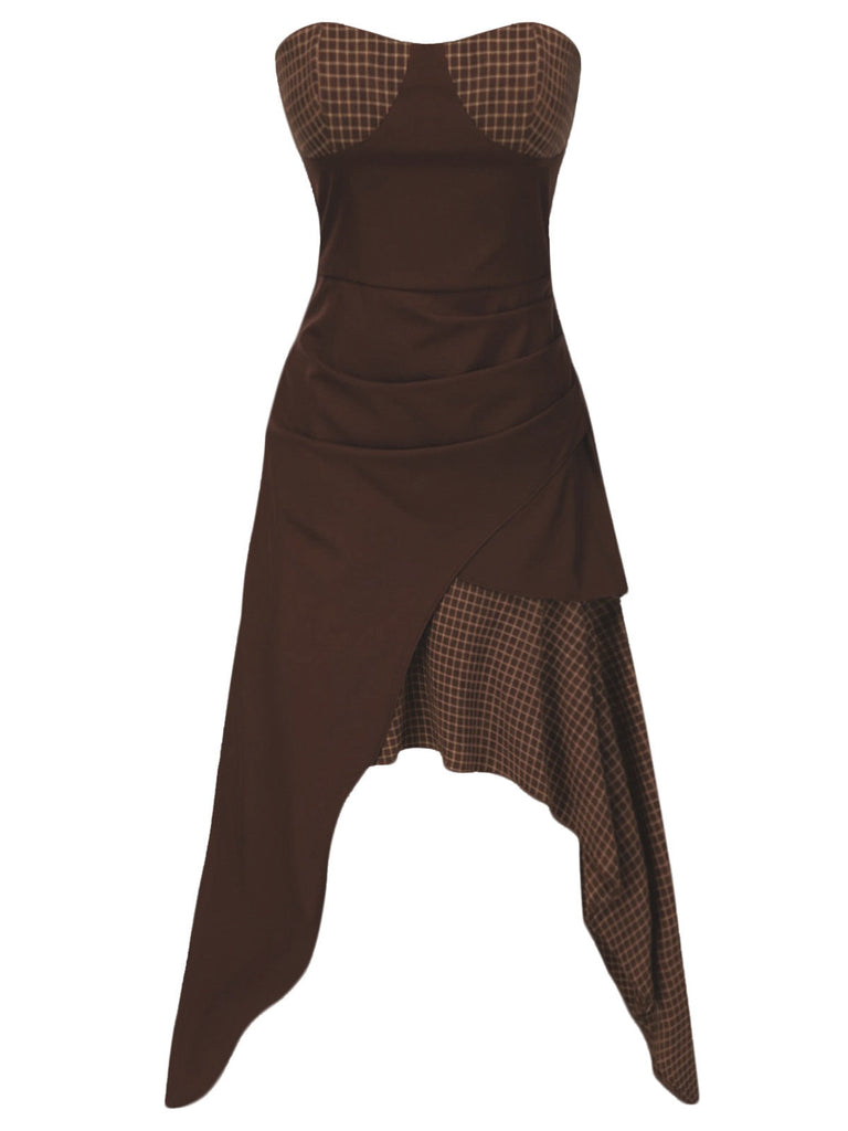 [Pré-vente] Robe bustier en cotonà carreaux patchwork marron ourlet irréguliers années 1970