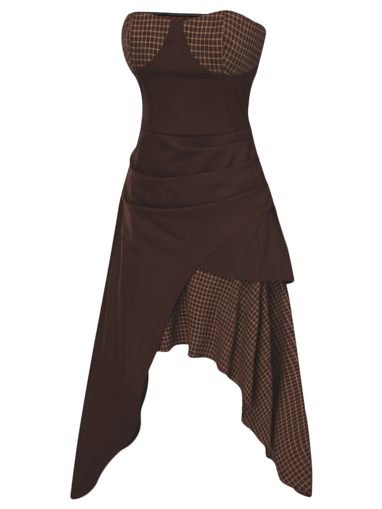 [Pré-vente] Robe bustier en cotonà carreaux patchwork marron ourlet irréguliers années 1970