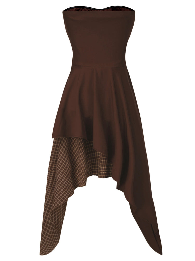[Pré-vente] Robe bustier en cotonà carreaux patchwork marron ourlet irréguliers années 1970