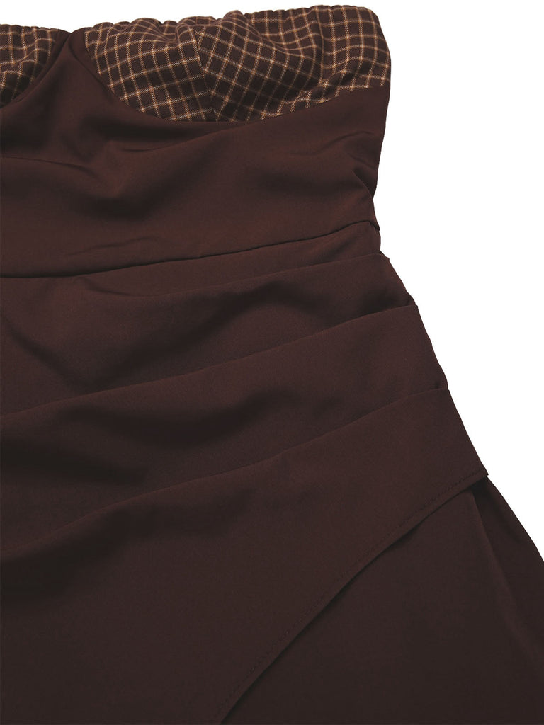 [Pré-vente] Robe bustier en cotonà carreaux patchwork marron ourlet irréguliers années 1970