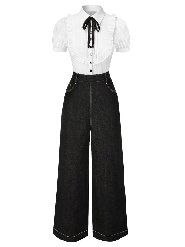 [Pré-vente] Combinaison en jean noir à plis creux et col chemise des années 1930