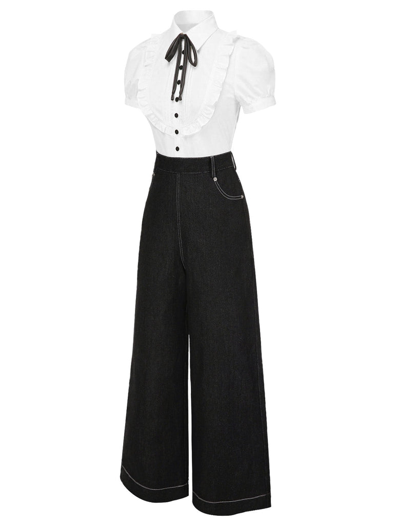 [Pré-vente] Combinaison en jean noir à plis creux et col chemise des années 1930