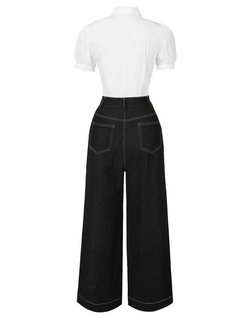 [Pré-vente] Combinaison en jean noir à plis creux et col chemise des années 1930