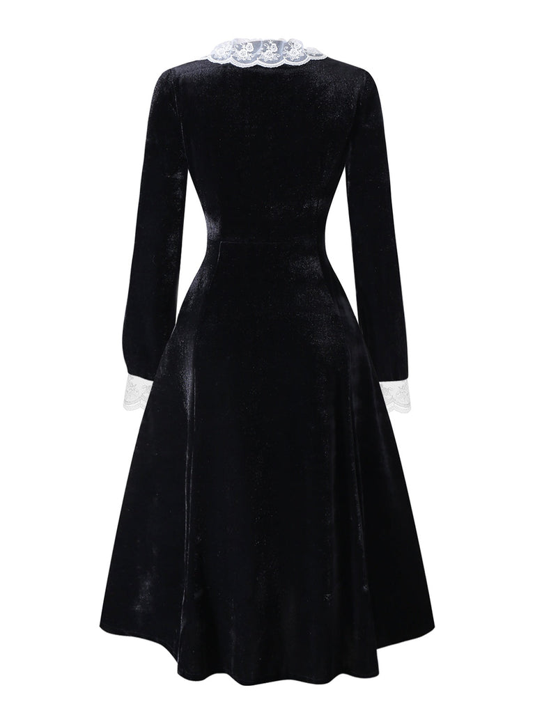 [Pré-vente] Robe en velours noir col en V et revers en dentelle des années 1940