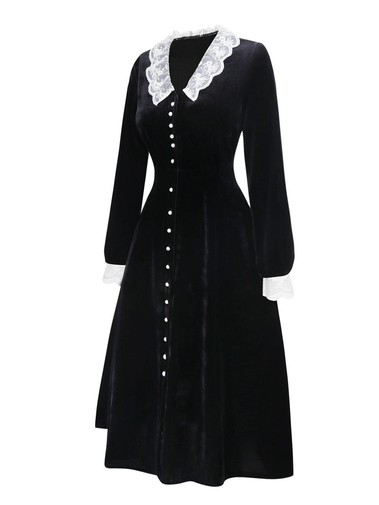 [Pré-vente] Robe en velours noir col en V et revers en dentelle des années 1940