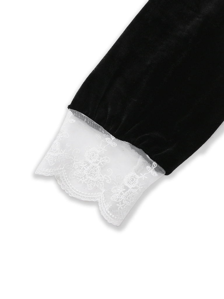 [Pré-vente] Robe en velours noir col en V et revers en dentelle des années 1940