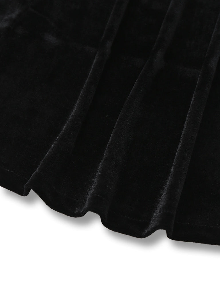 [Pré-vente] Robe en velours noir col en V et revers en dentelle des années 1940