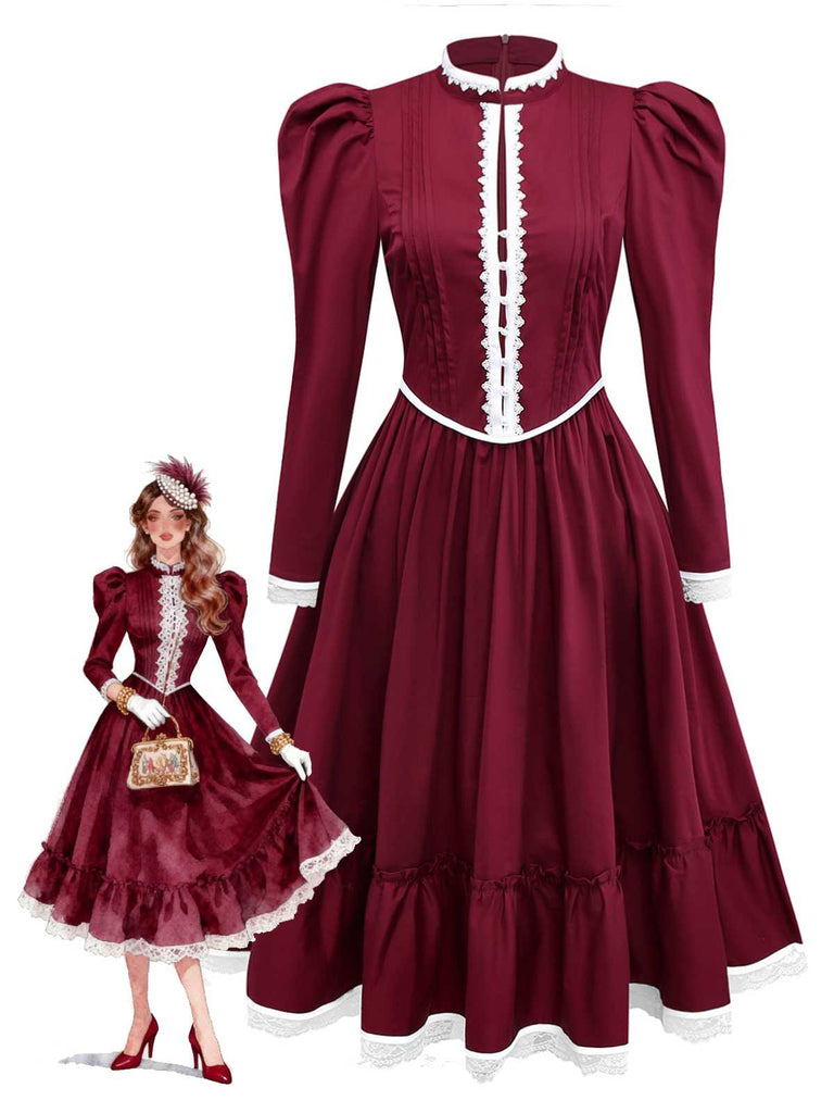[Pré-vente] Robe rouge vin à dentelle style victorien années 1930