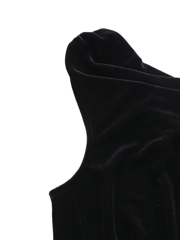 [Pré-vente] Robe noire col bénitier en velours avec broche en plumes des années 1930