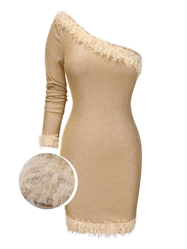 [Pré-vente] Robe moulante une épaule et col en fourrure pailletée dorée des années 1960