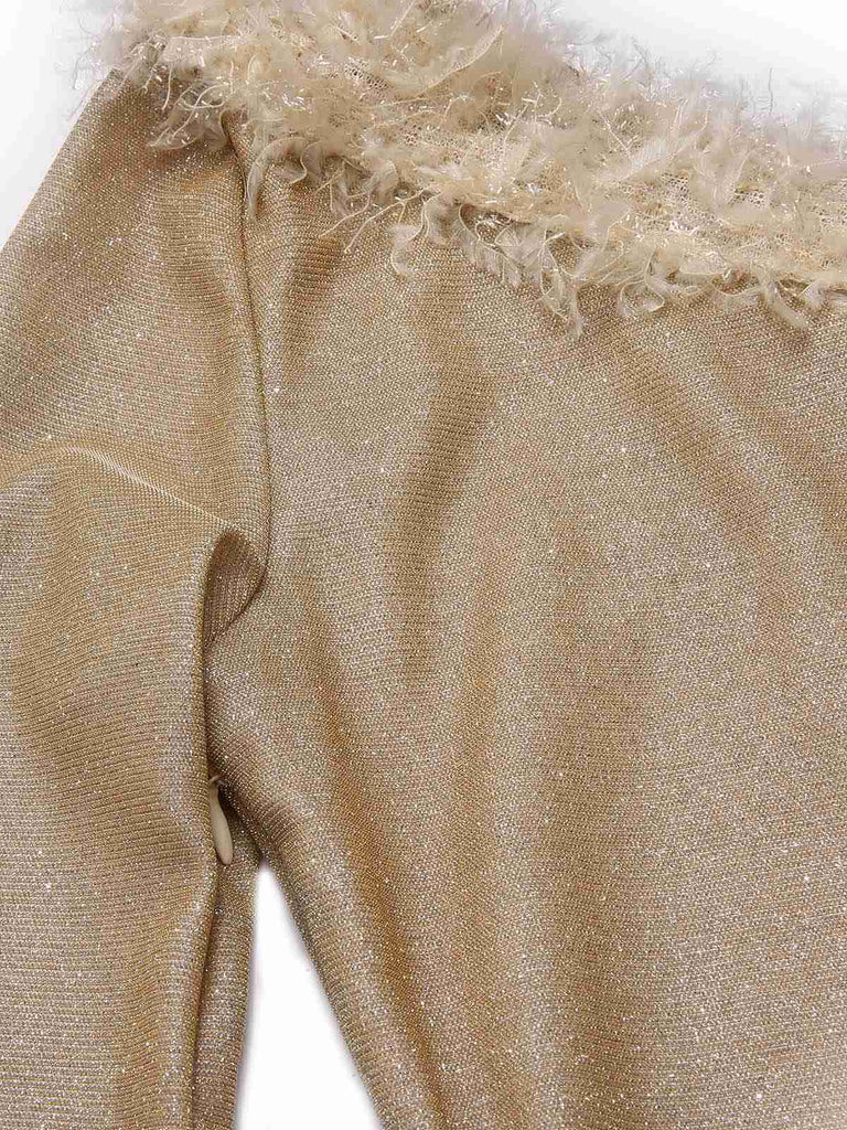 [Pré-vente] Robe moulante une épaule et col en fourrure pailletée dorée des années 1960
