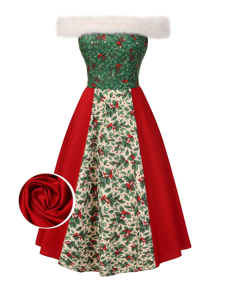 [Pré-vente] Robe de Noël rouge et verte motif houx verticillé col en fourrure années 1940