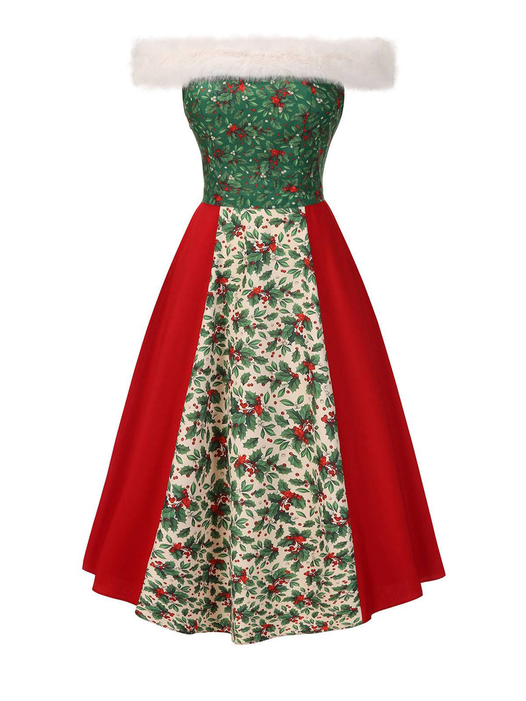 [Pré-vente] Robe de Noël rouge et verte motif houx verticillé col en fourrure années 1940