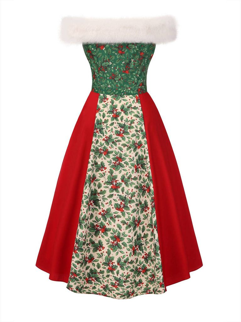 [Pré-vente] Robe de Noël rouge et verte motif houx verticillé col en fourrure années 1940