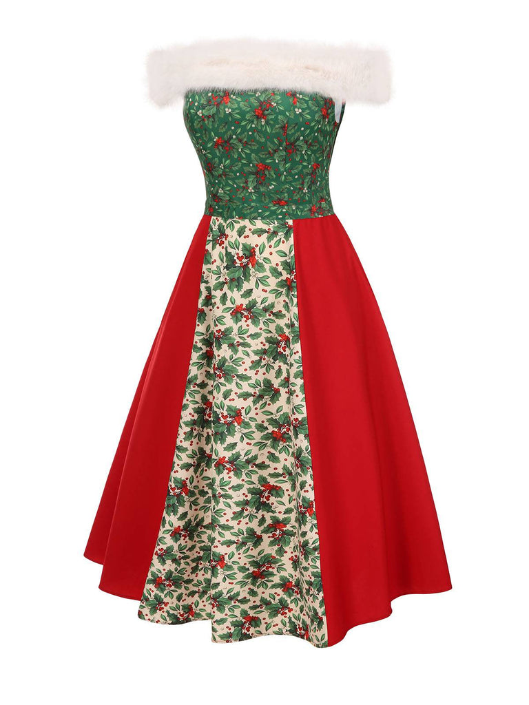 [Pré-vente] Robe de Noël rouge et verte motif houx verticillé col en fourrure années 1940