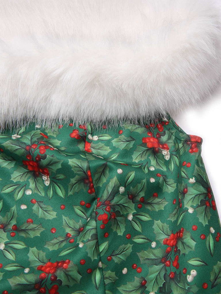 [Pré-vente] Robe de Noël rouge et verte motif houx verticillé col en fourrure années 1940