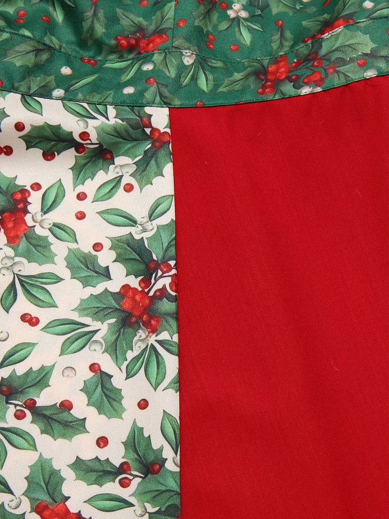 [Pré-vente] Robe de Noël rouge et verte motif houx verticillé col en fourrure années 1940