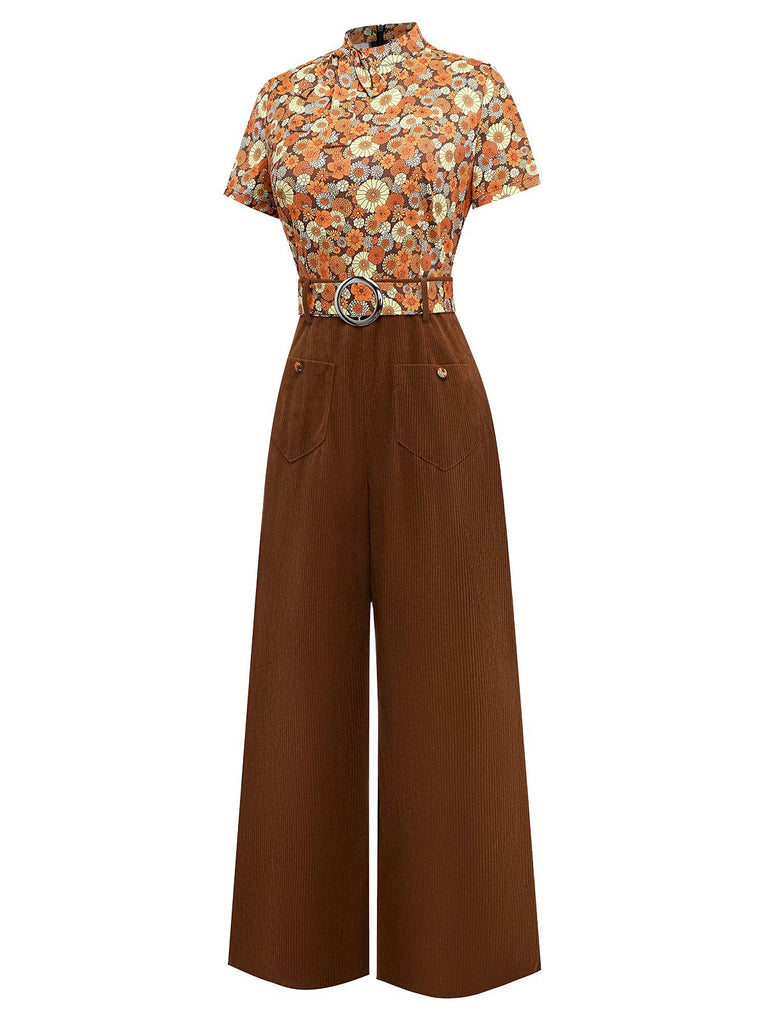 [Pré-vente] Combinaison orange col noué en velours côtelé motif marguerites années 1970