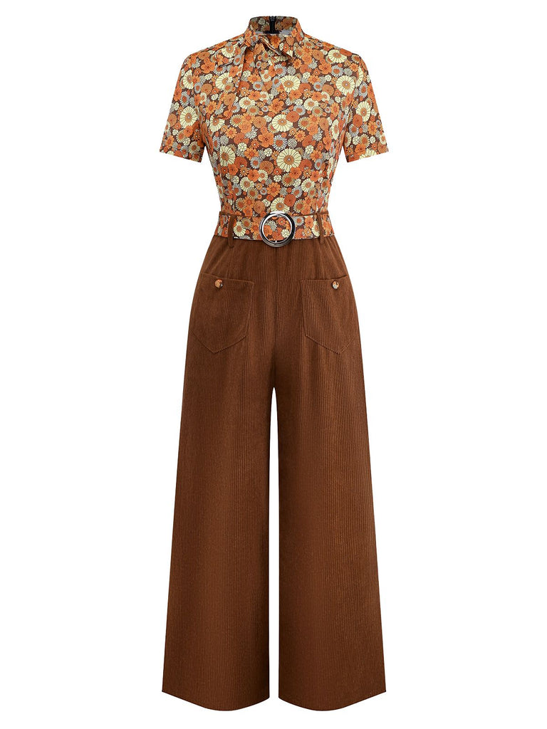 [Pré-vente] Combinaison orange col noué en velours côtelé motif marguerites années 1970
