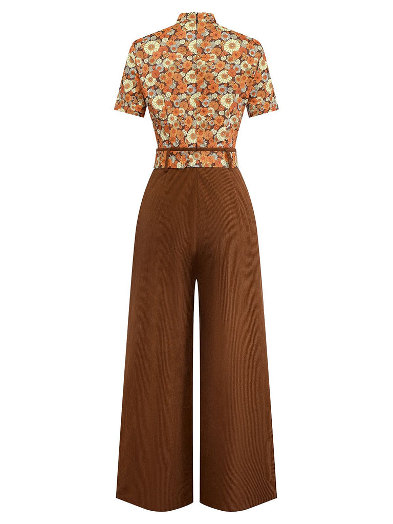 [Pré-vente] Combinaison orange col noué en velours côtelé motif marguerites années 1970