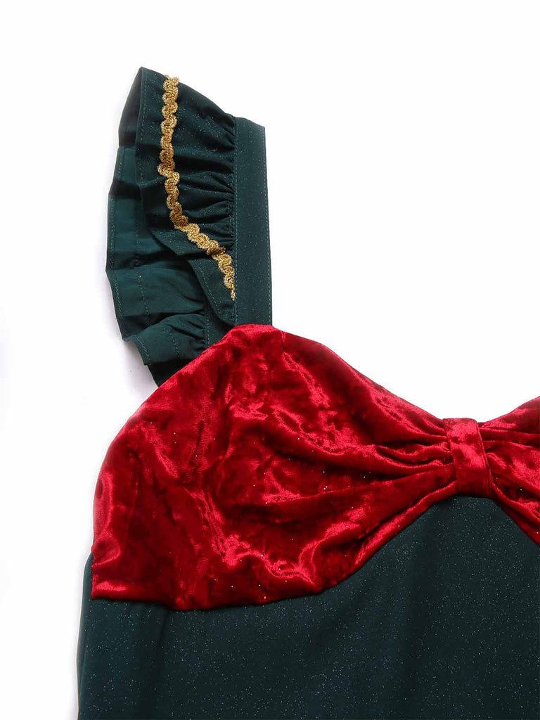 [Prévente] Robe verte nœud pailleté et bords effilochés années 1950