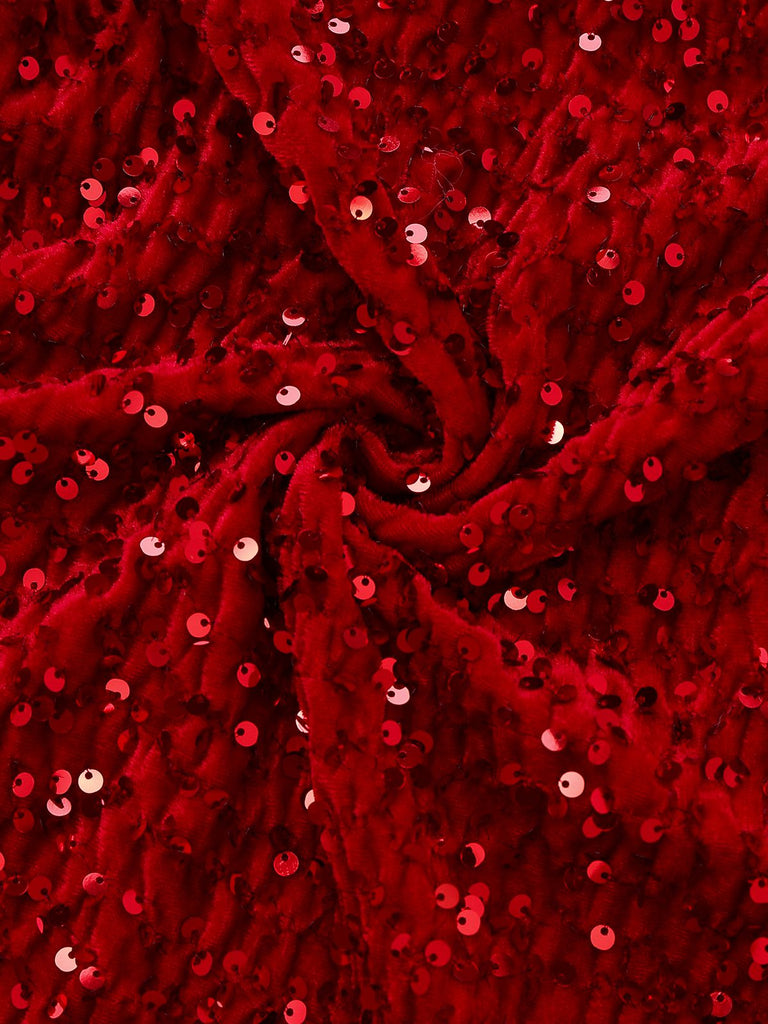 [Prévente] Robe bustier rouge en velours à paillettes et bordure en fausse fourrure années 70